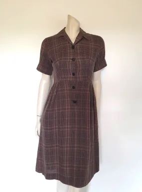 1950s Brown Checked Shirtwaist Dress - S