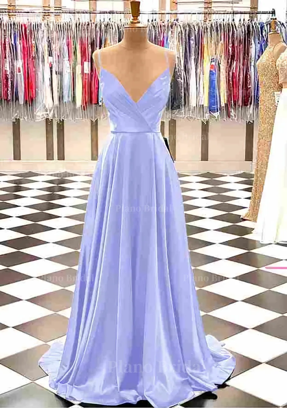 A-line V Neck Spaghetti Straps Sweep Train Charmeuse Prom Dress With Pleated