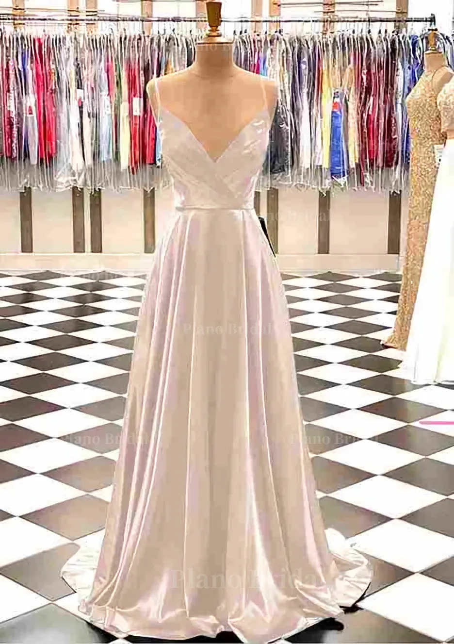 A-line V Neck Spaghetti Straps Sweep Train Charmeuse Prom Dress With Pleated