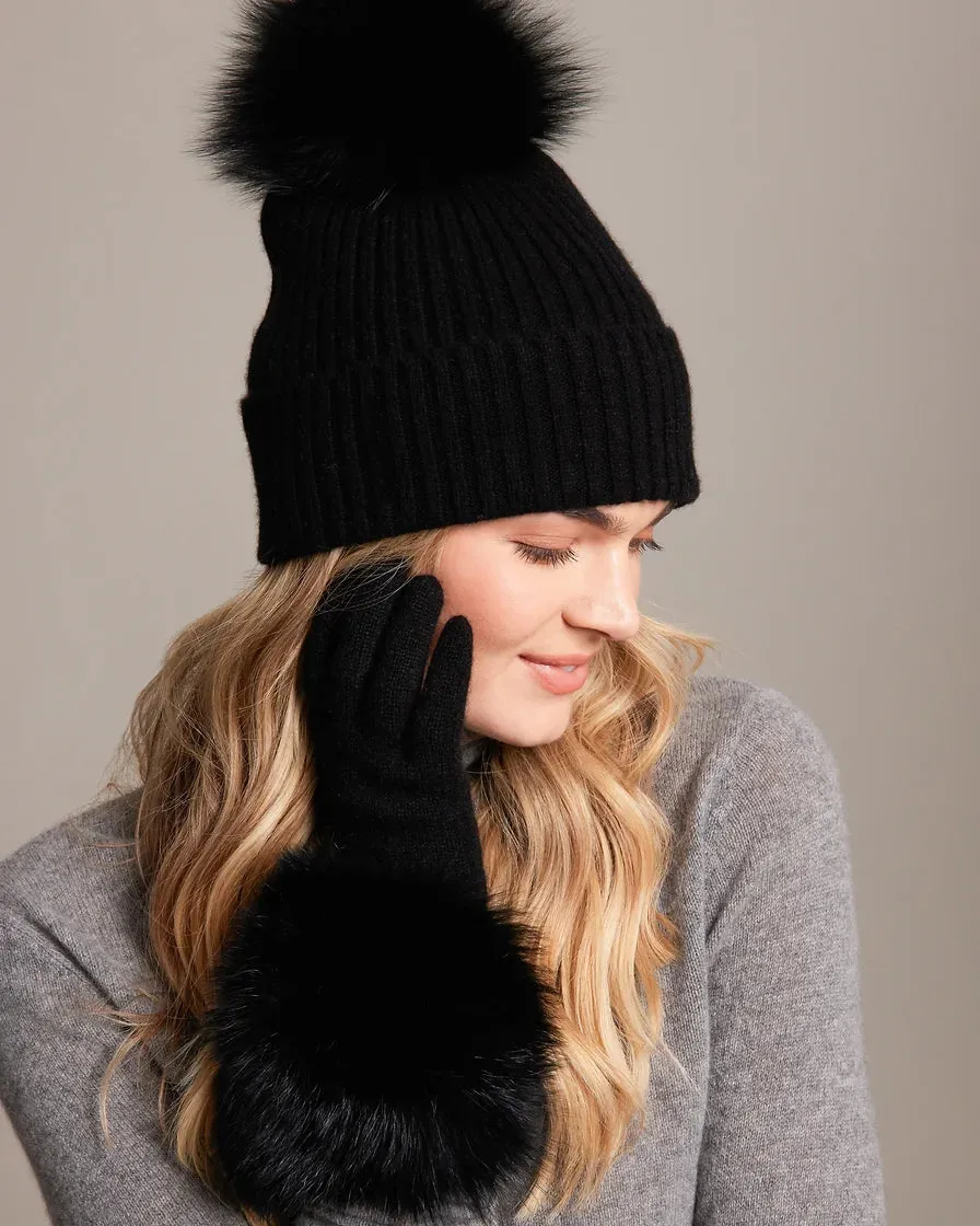 Alashan Cashmere | Ribbed Knit Cashmere Hat with Fox Fur Pom