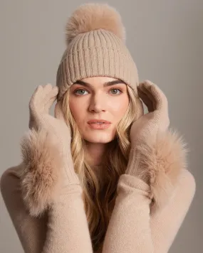 Alashan Cashmere | Ribbed Knit Cashmere Hat with Fox Fur Pom