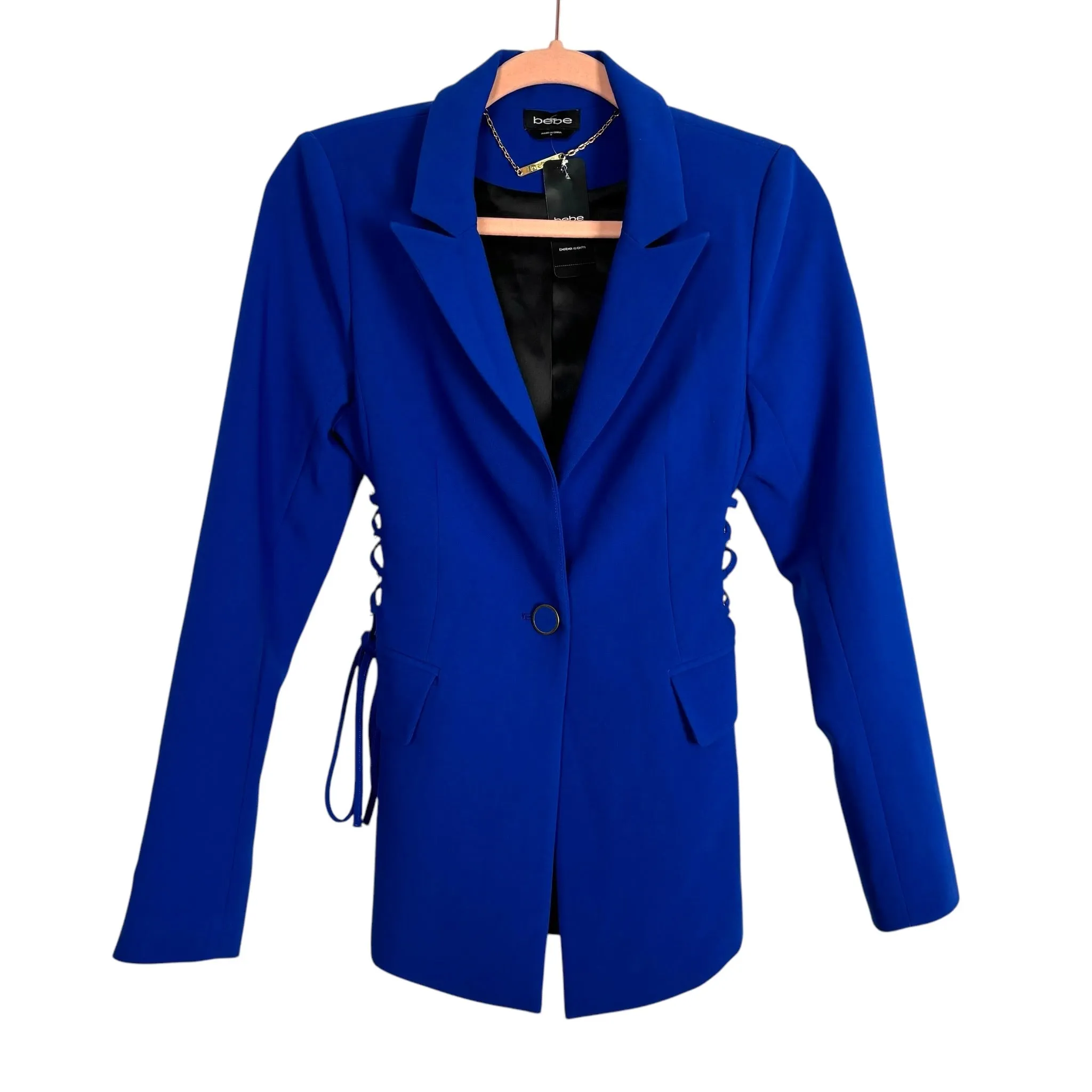 Bebe Blue Side Corset Detail Tailored Twill Blazer NWT- Size 2 (we have matching pants)