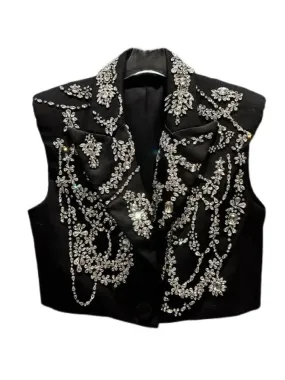 Black Cropped Crystal Stitched Corset Blazer Vest New With Tags
