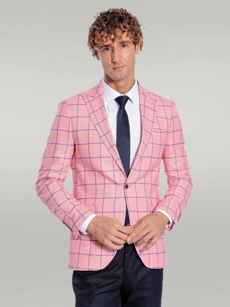 Blue Plaid Patterned Slim Fit Pink Men Blazer - Wessi