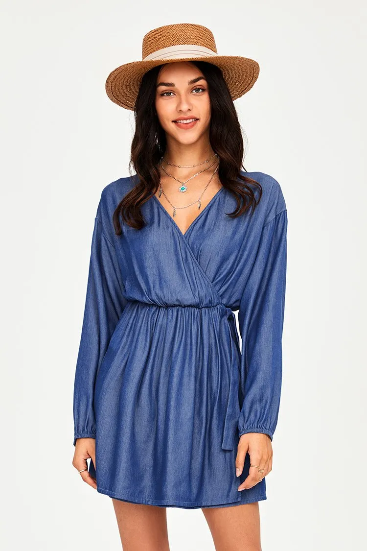 Blue V-neck Wrap Short Dress