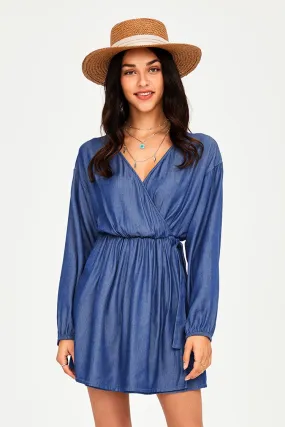 Blue V-neck Wrap Short Dress