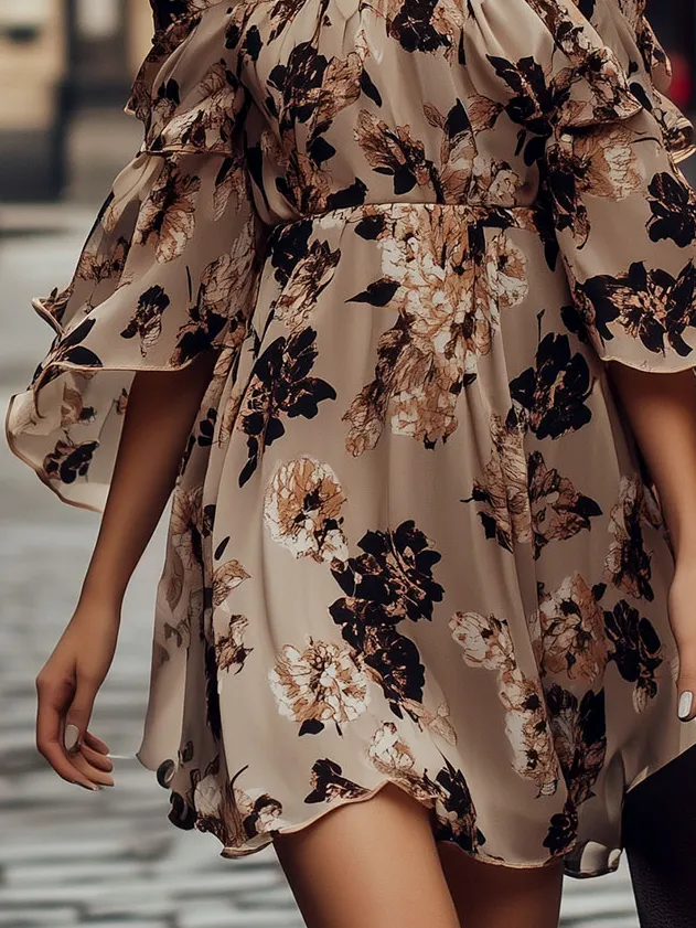 Boho Off-shoulder Flare Sleeves Floral Print Chiffon Dress