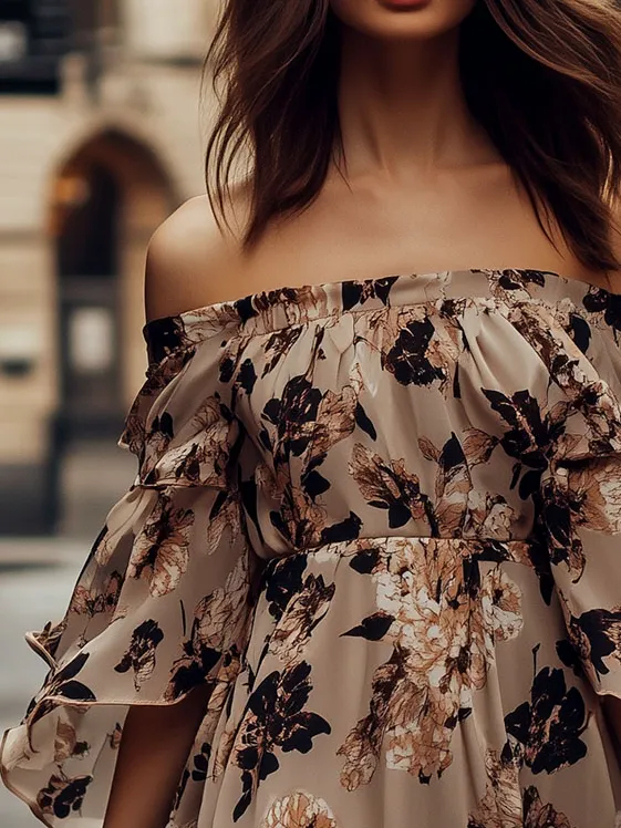 Boho Off-shoulder Flare Sleeves Floral Print Chiffon Dress