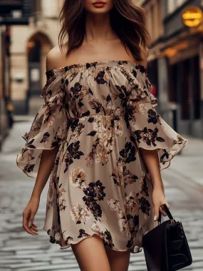 Boho Off-shoulder Flare Sleeves Floral Print Chiffon Dress