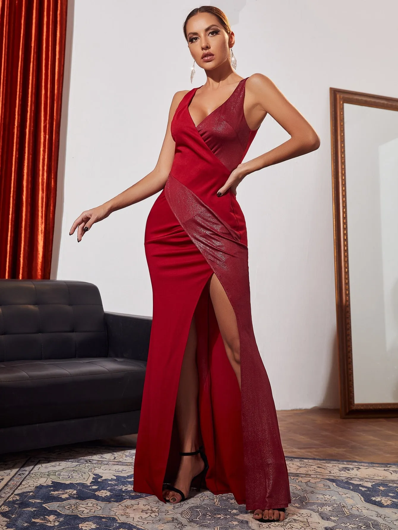 Burgundy Surplice Neck Split Thigh Glitter Wrap Bridesmaid Dress