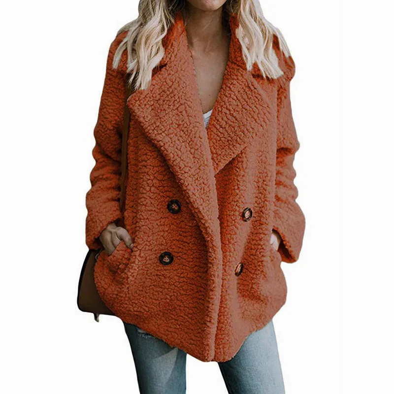 Double Breast Lapel Solid Color Women Teddy Coat Peacoat