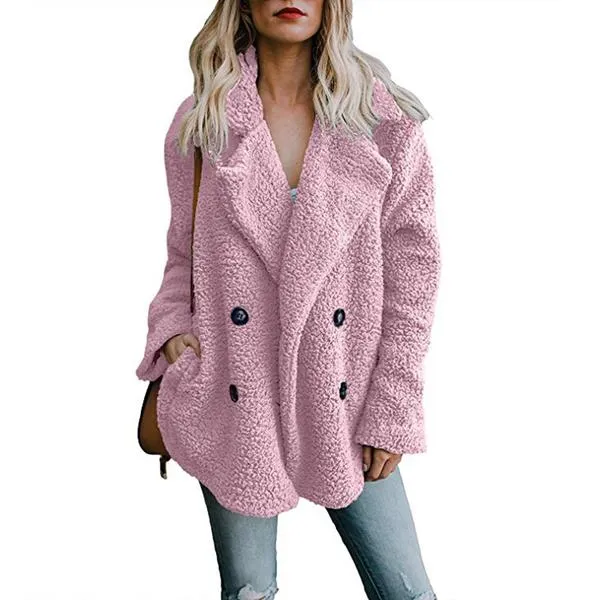 Double Breast Lapel Solid Color Women Teddy Coat Peacoat