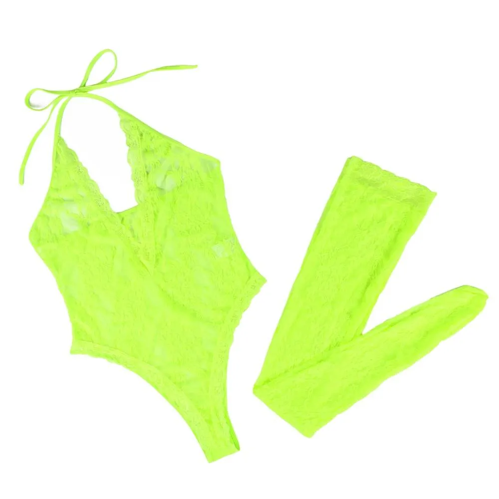 Electric Green Lace Halter Teddy Ensemble