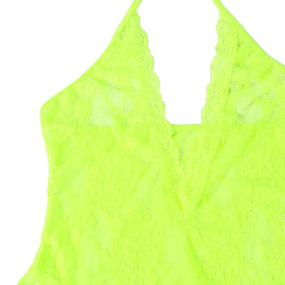 Electric Green Lace Halter Teddy Ensemble