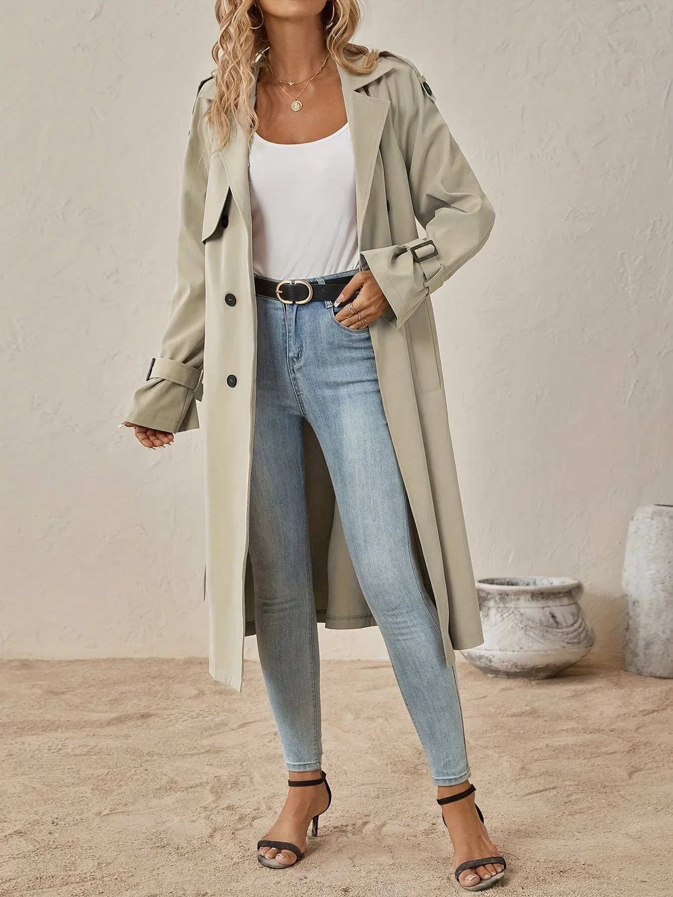 Elegant Long Sleeve Solid Color Trench Coat with Cotton Blend Fabric for Women | Perfect for Everyday Wear
