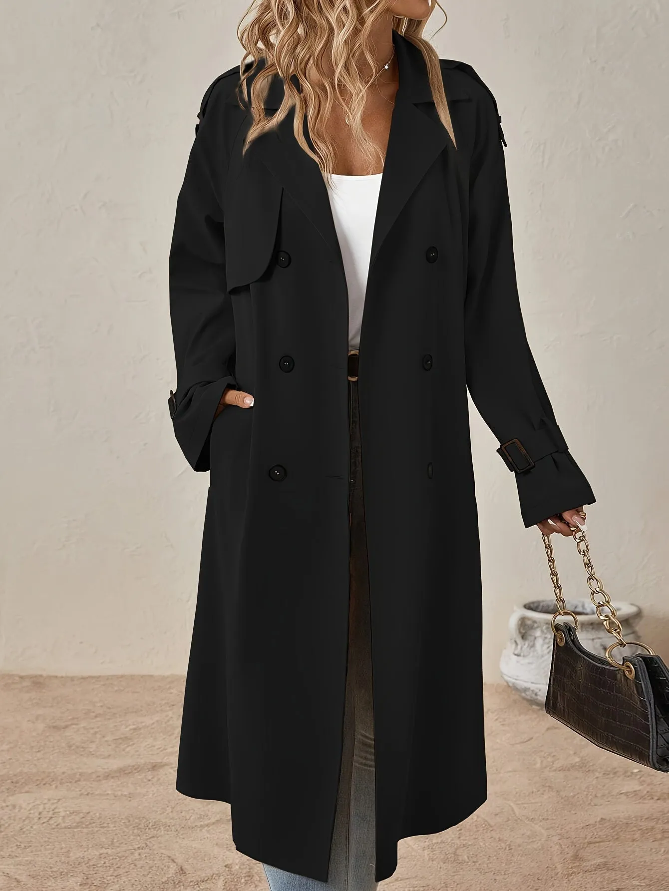 Elegant Long Sleeve Solid Color Trench Coat with Cotton Blend Fabric for Women | Perfect for Everyday Wear