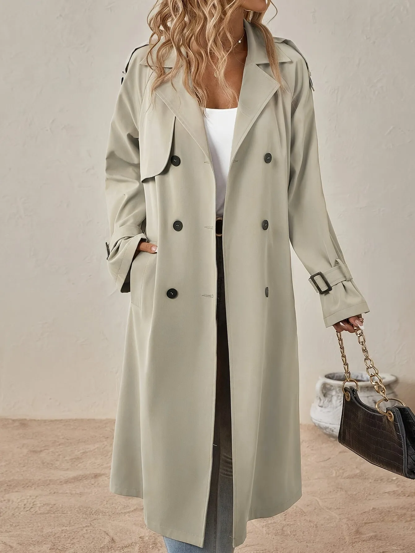 Elegant Long Sleeve Solid Color Trench Coat with Cotton Blend Fabric for Women | Perfect for Everyday Wear