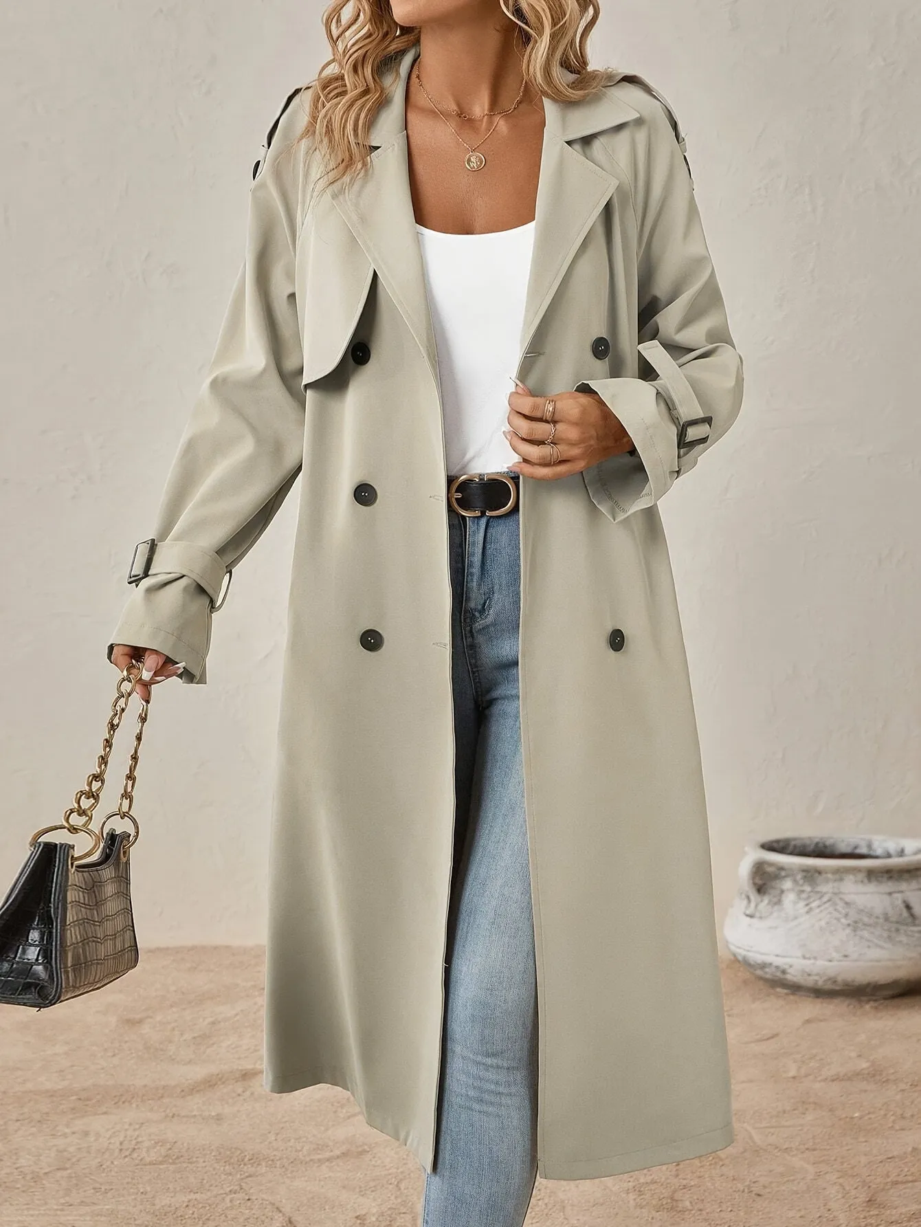 Elegant Long Sleeve Solid Color Trench Coat with Cotton Blend Fabric for Women | Perfect for Everyday Wear