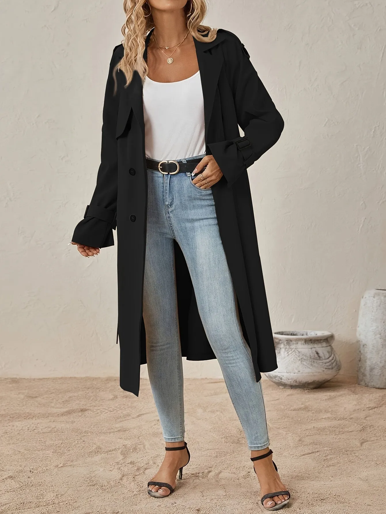 Elegant Long Sleeve Solid Color Trench Coat with Cotton Blend Fabric for Women | Perfect for Everyday Wear