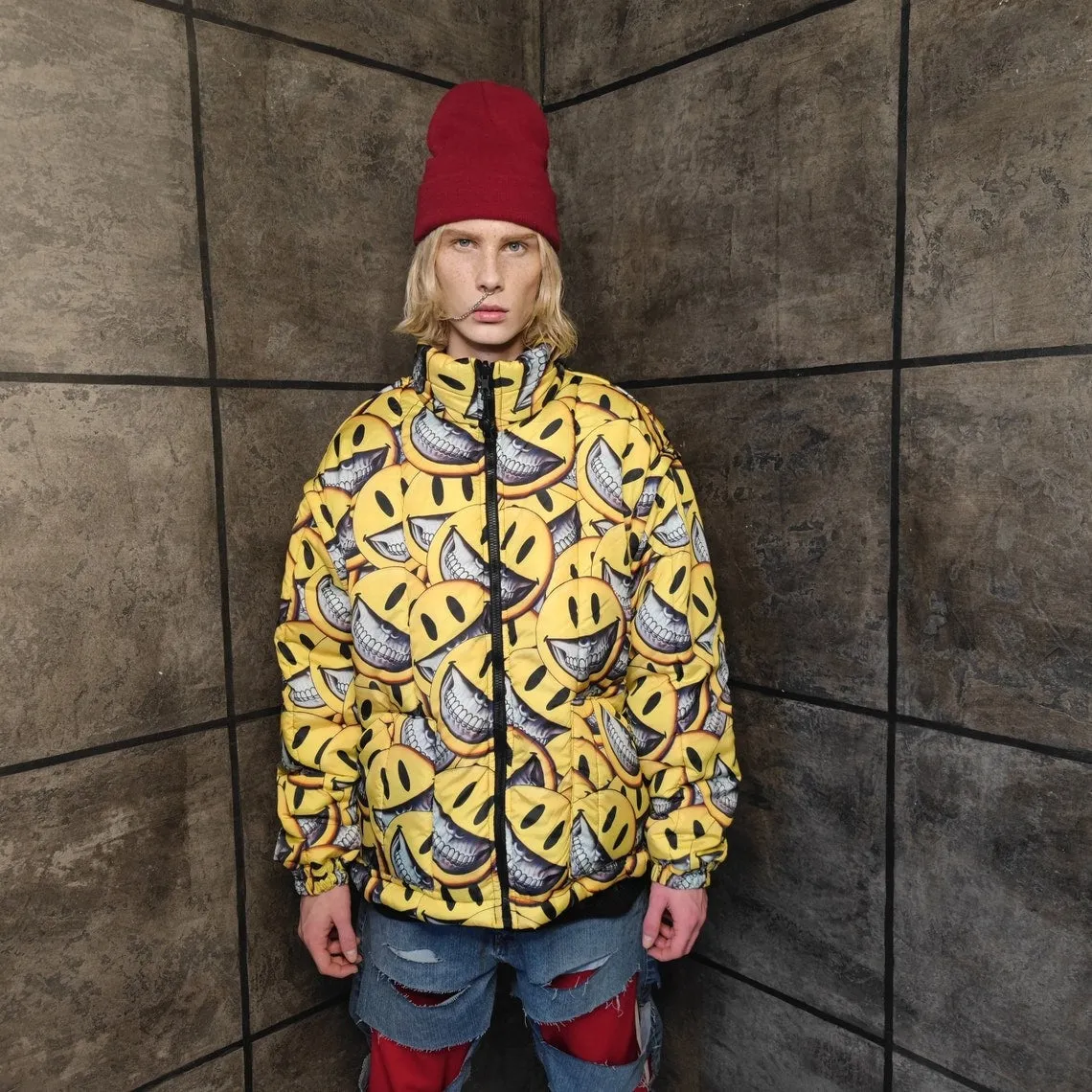 Emoji bomber handmade detachable smile print puffer reversible raver jacket grunge devil horn coat two sided jacket in yellow
