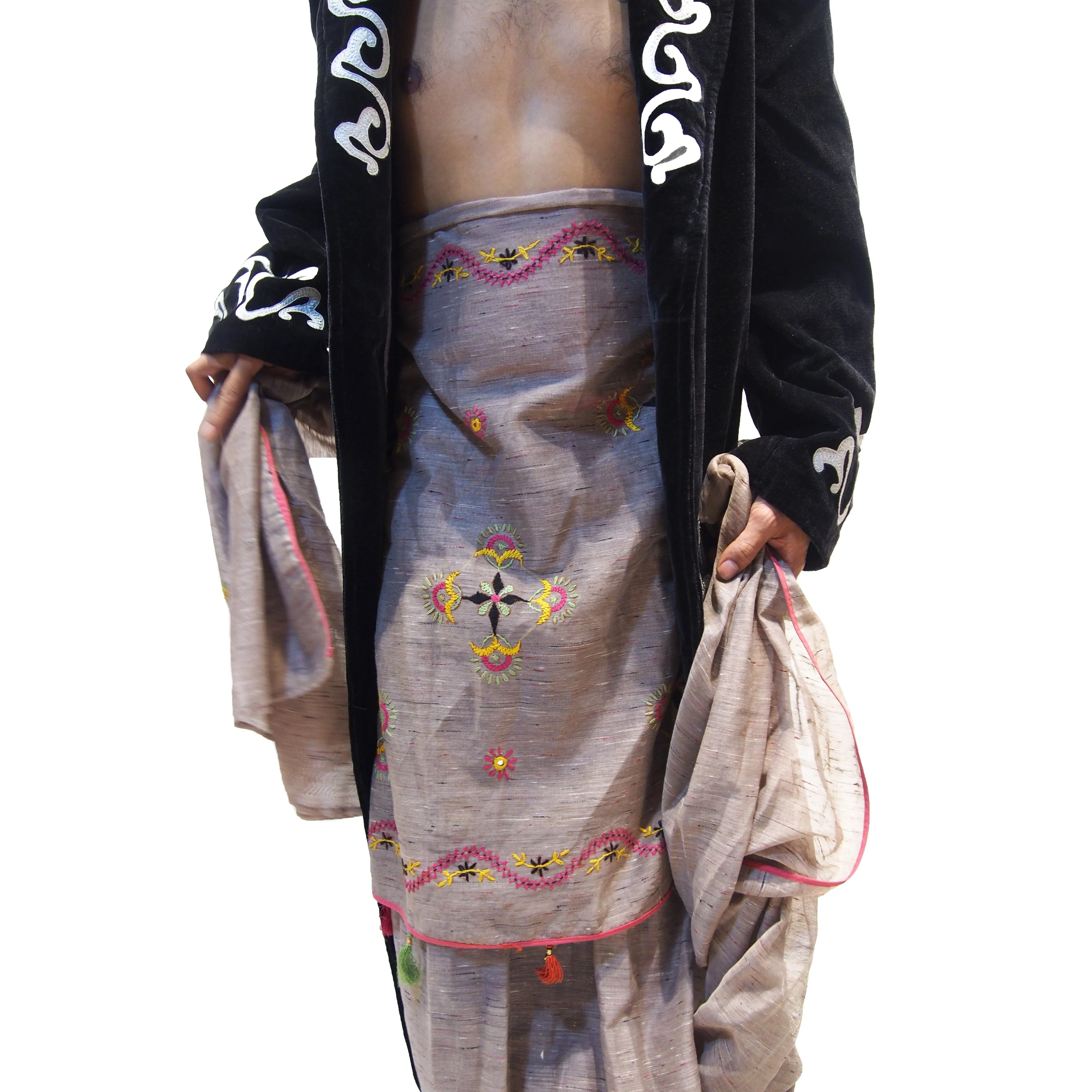 Ensemble 15: Uzbekistan Vintage Velvet Coat with Embroidery with Vintage Sari from Rajasthan - Each Item Sold Separately