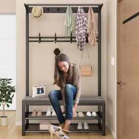 everyday 4-in-1 Coat Rack with Bench, Industrial Entryway Hall Tree with 2 Tier Shoe Rack,Black
