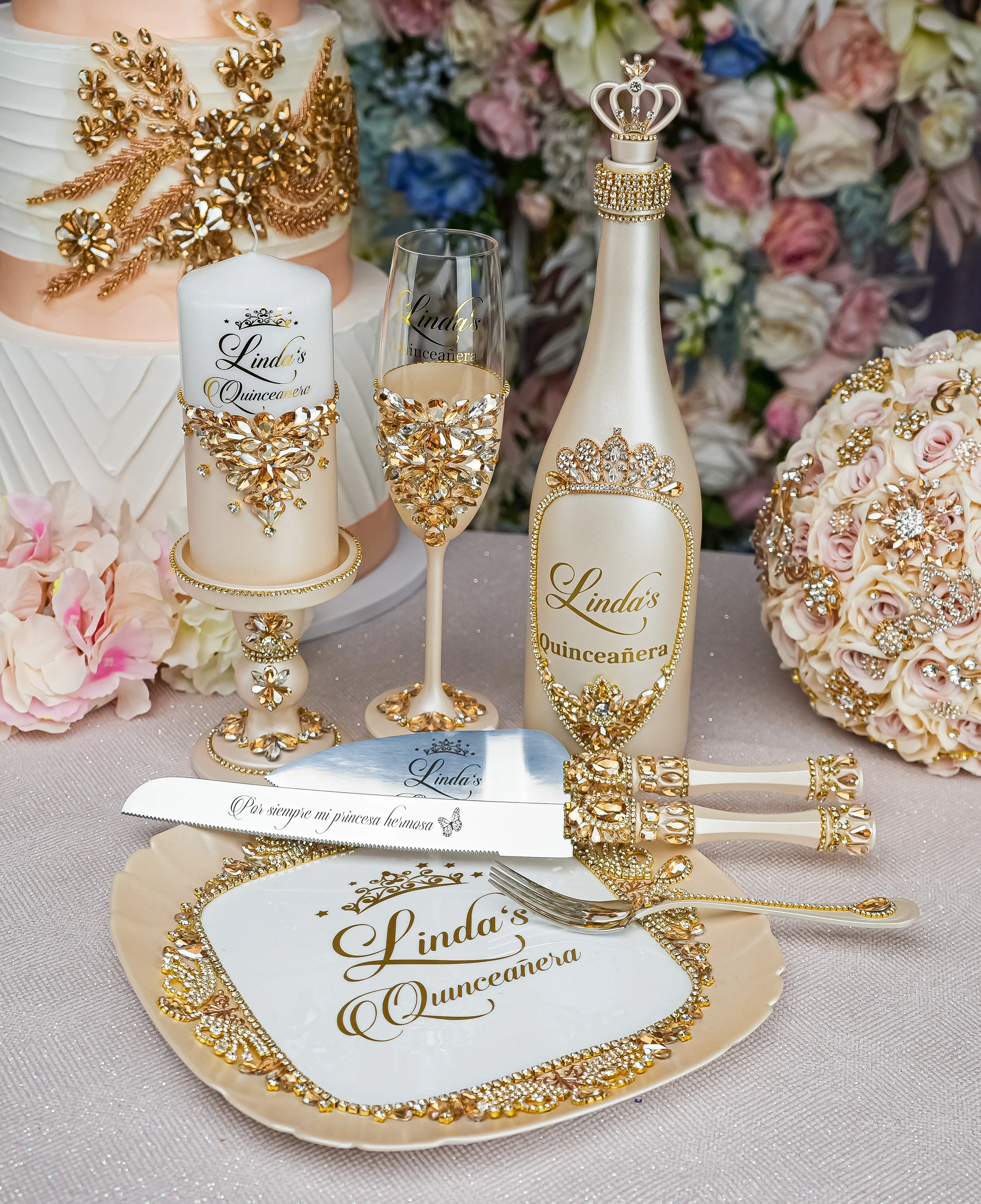 Gold with flowers last teddy bear for quinceanera