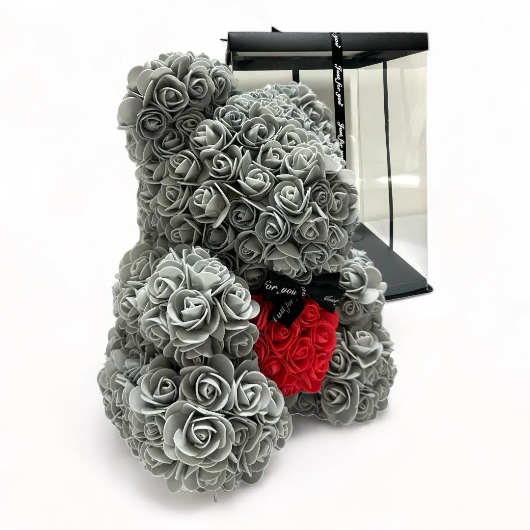 Gorgeous Grey Rose Teddy Bear Hugging Heart with LED Light and Gift Box - 40cm