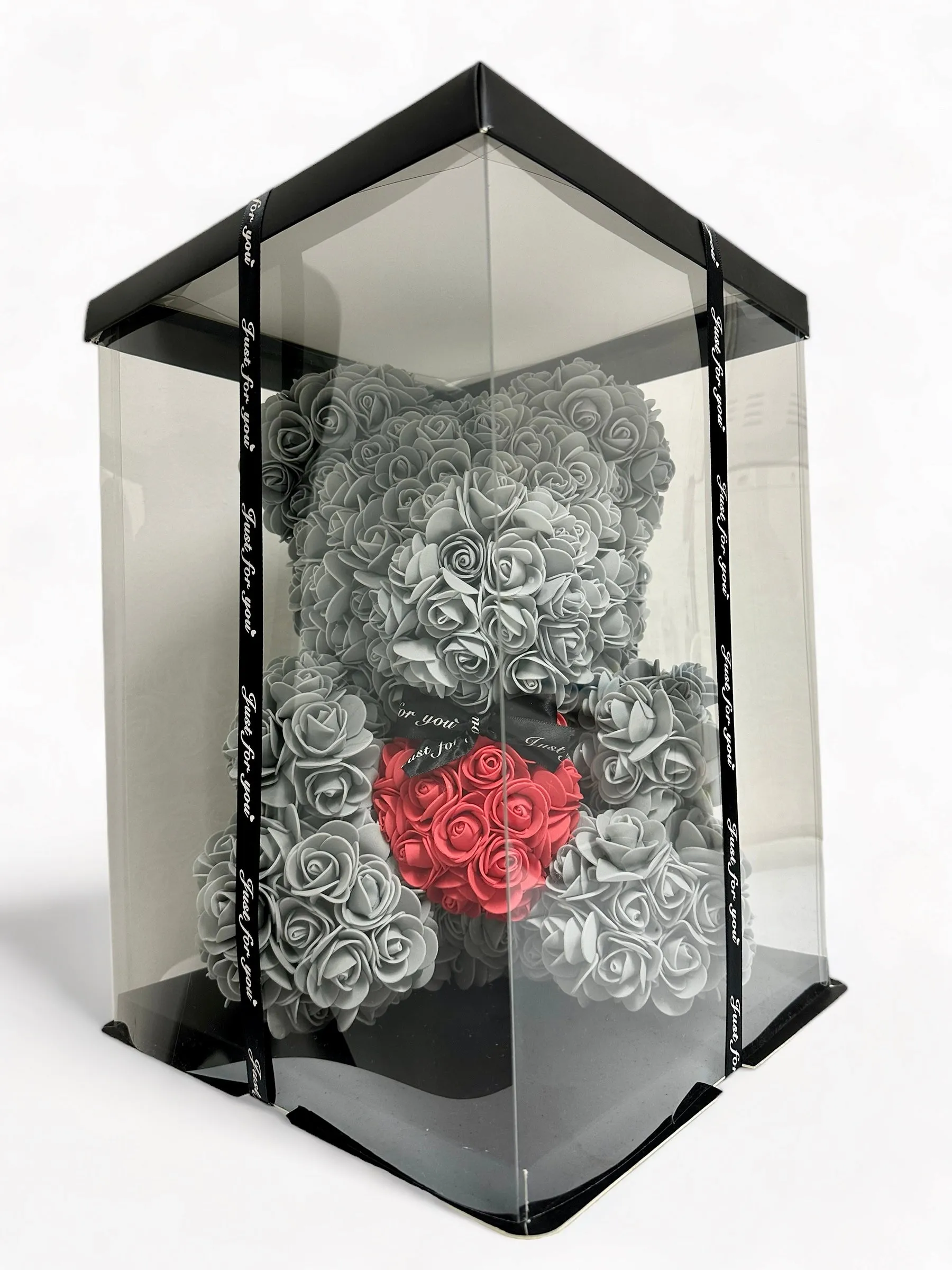 Gorgeous Grey Rose Teddy Bear Hugging Heart with LED Light and Gift Box - 40cm