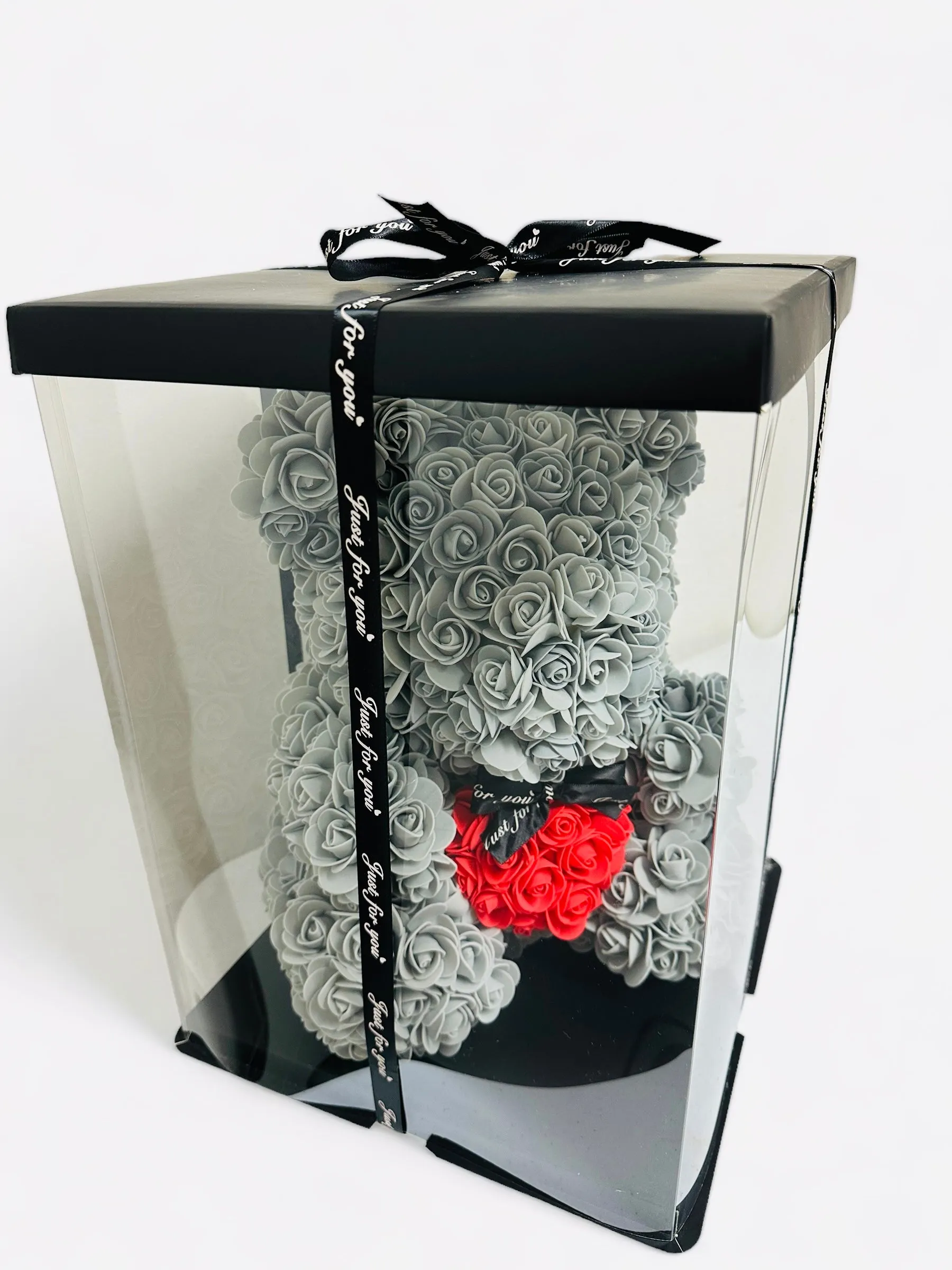 Gorgeous Grey Rose Teddy Bear Hugging Heart with LED Light and Gift Box - 40cm