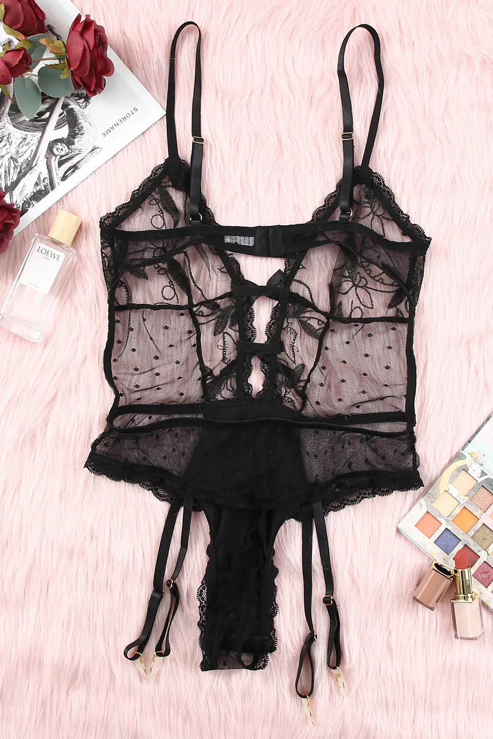 Lace Mesh Sheer Spaghetti Straps Teddy Lingerie