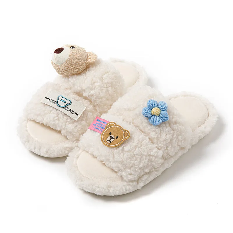 Lambswool Slippers with 3D Teddy Bear for Girls