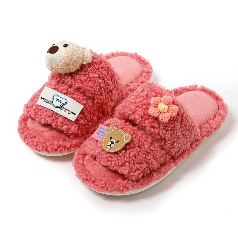 Lambswool Slippers with 3D Teddy Bear for Girls