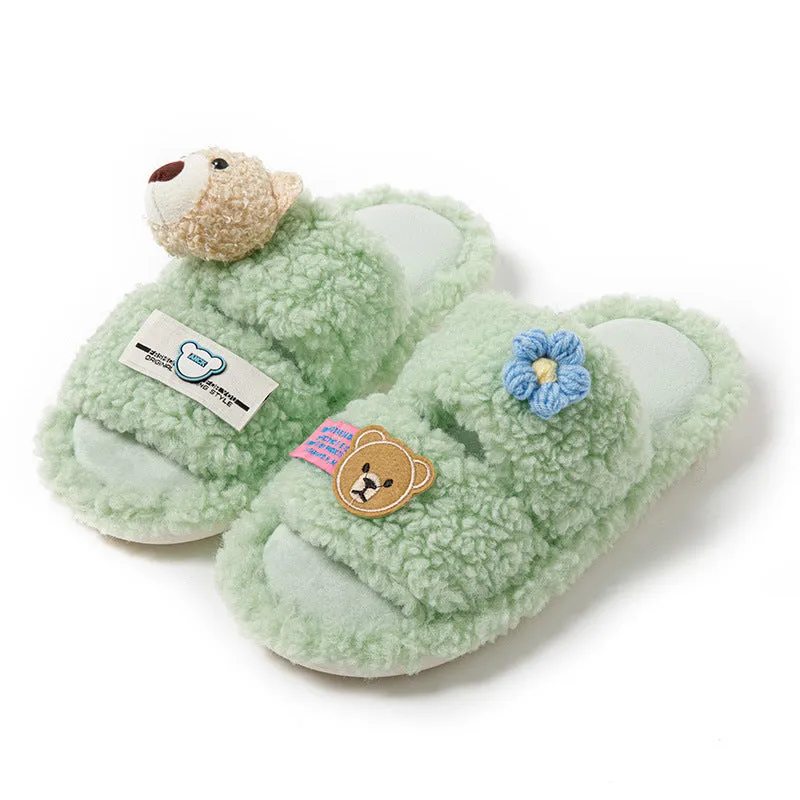 Lambswool Slippers with 3D Teddy Bear for Girls