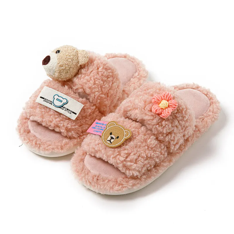 Lambswool Slippers with 3D Teddy Bear for Girls