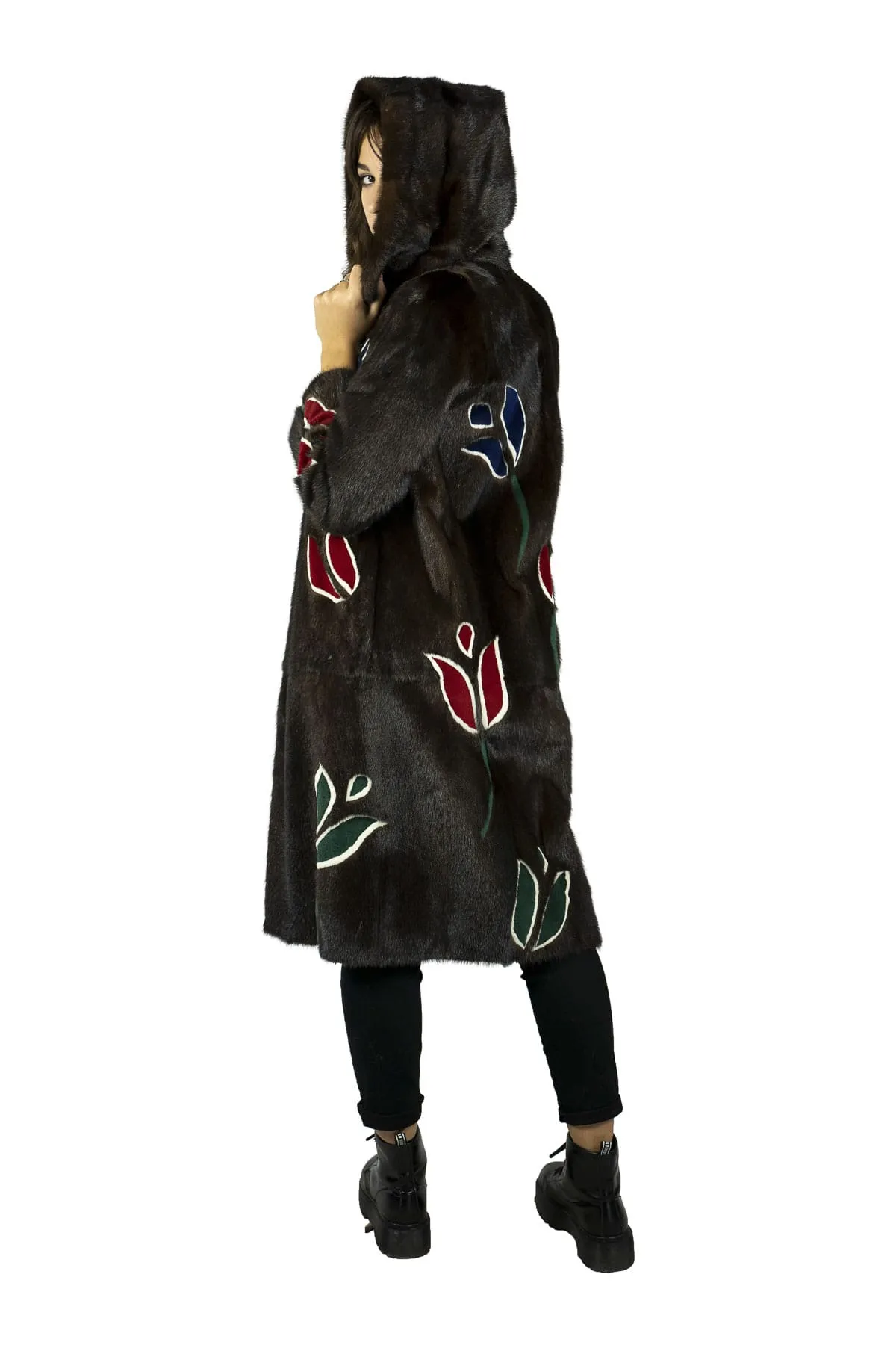 Long coat in mink with Floral Inlays in mink Shaved