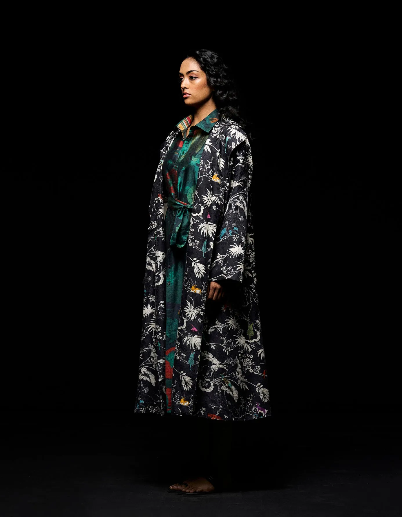 Long Coat Silk Damask Black