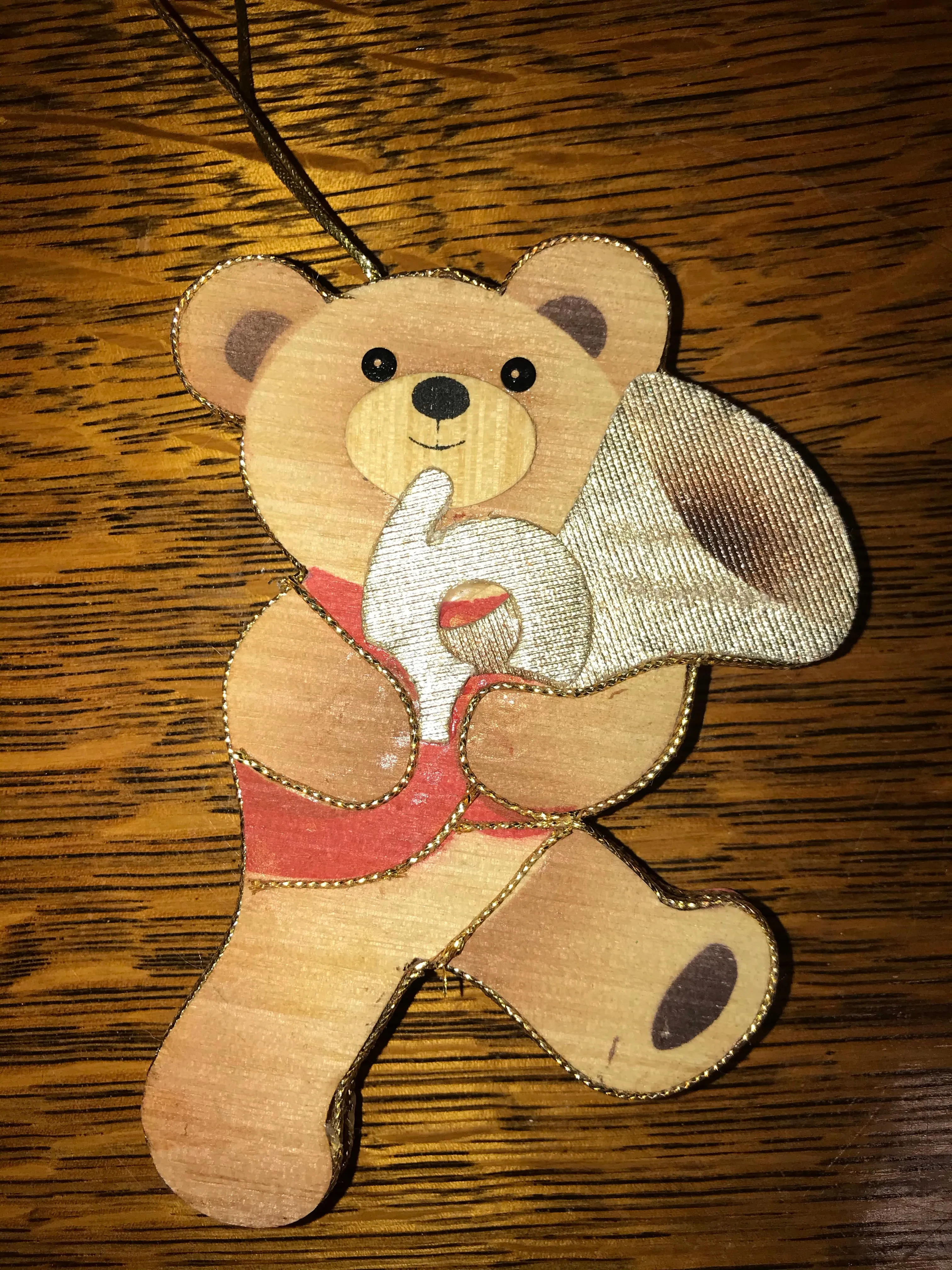 <€€ Vintage 4.25” Pressed Wood Teddy Bear Ornament