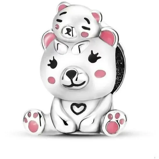 Mom And Baby Teddy Bear Pink Enamel Bead Charm