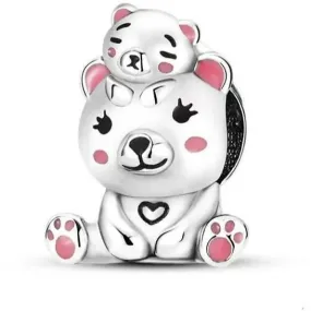 Mom And Baby Teddy Bear Pink Enamel Bead Charm