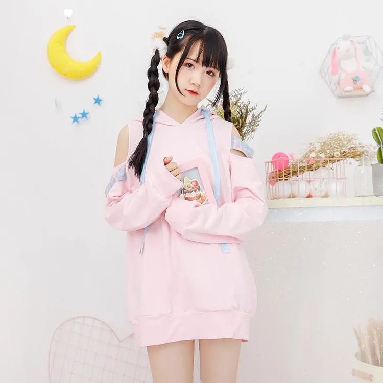 Off Shoulder Cutsie Pastel Hoodie