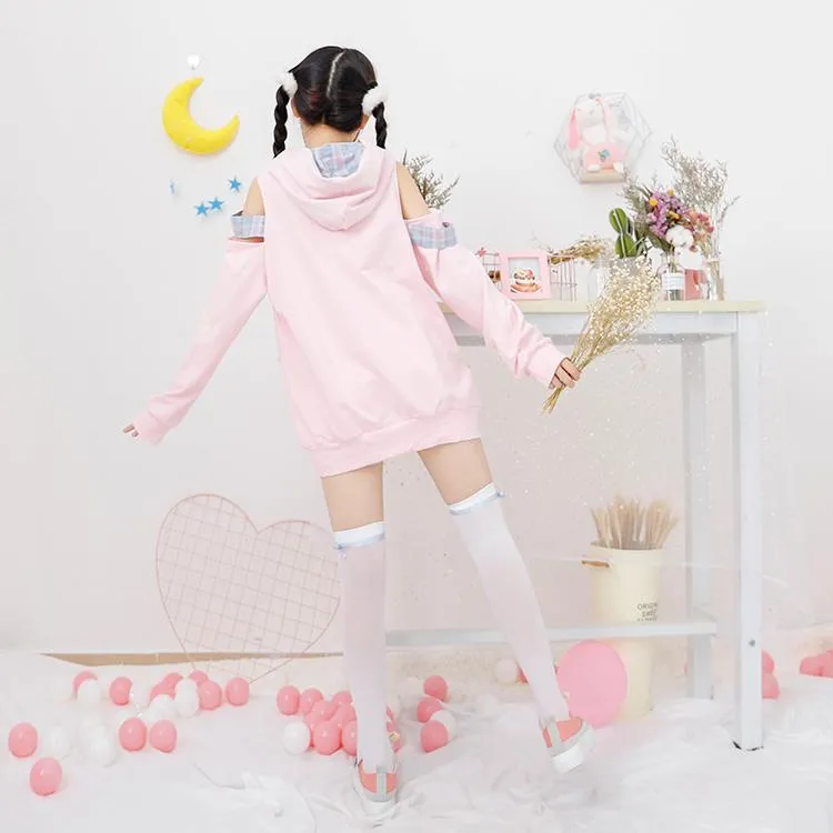 Off Shoulder Cutsie Pastel Hoodie