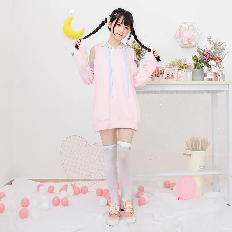 Off Shoulder Cutsie Pastel Hoodie