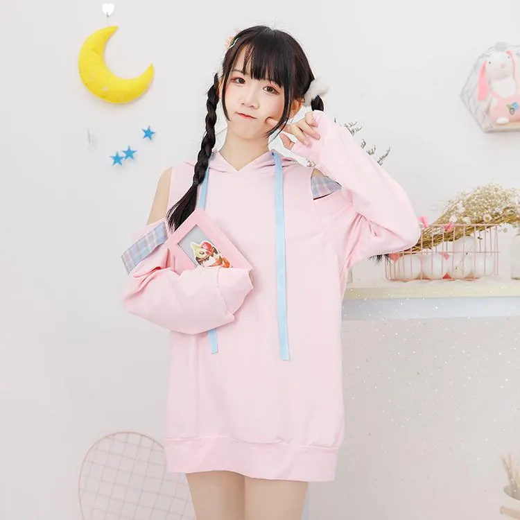 Off Shoulder Cutsie Pastel Hoodie