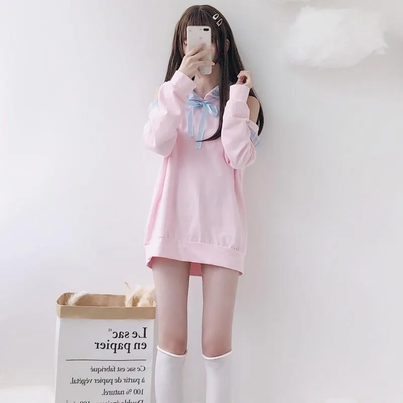 Off Shoulder Cutsie Pastel Hoodie