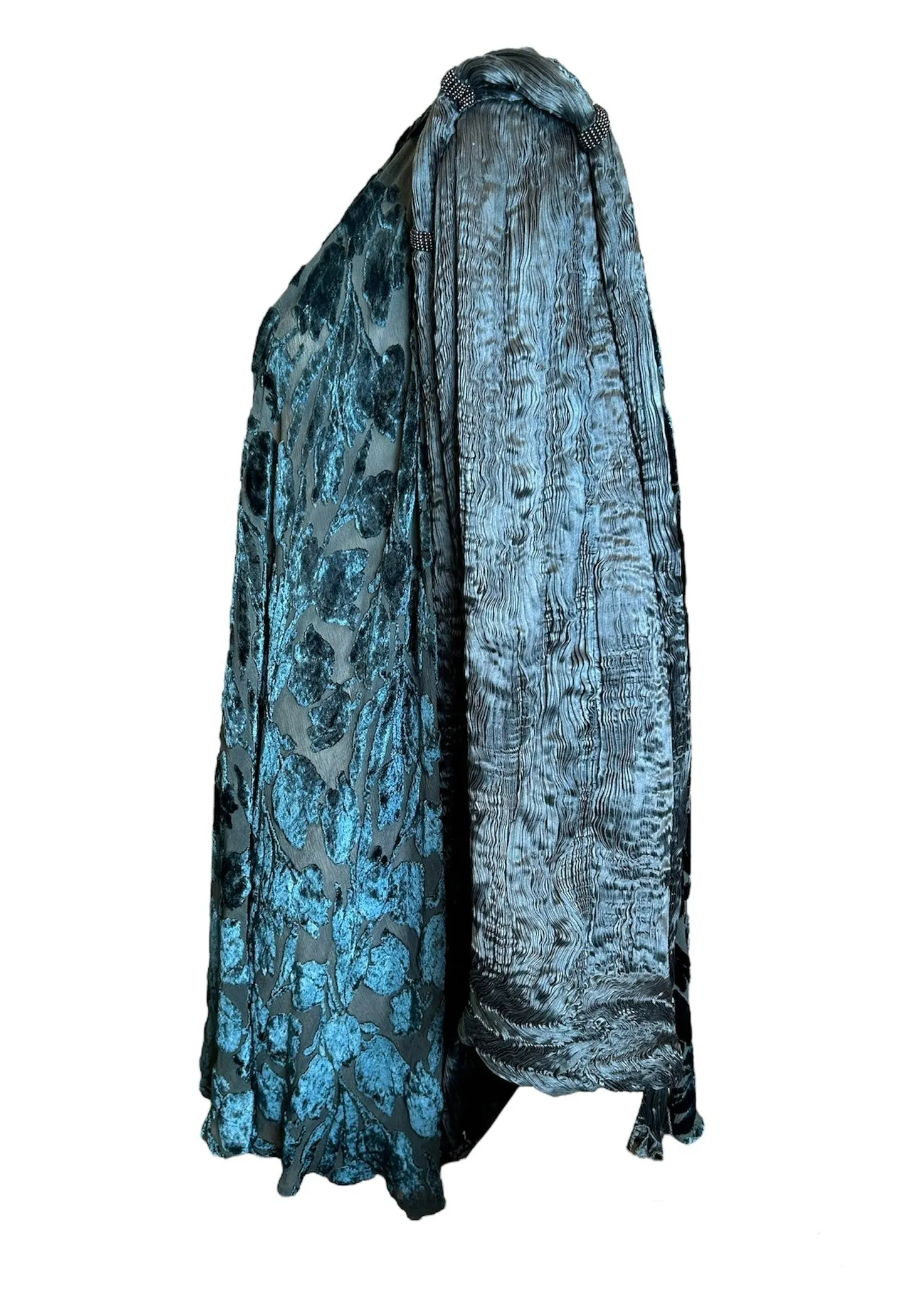Patricia Lester 80s Silk Pleated & Velvet Teal Evening Coat