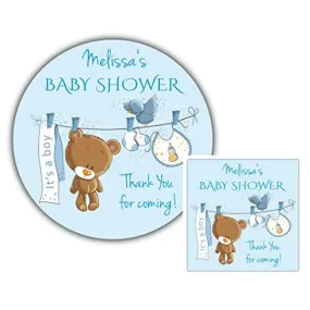 Personalised Baby Shower Stickers Blue Boy Teddy Bear Washing Line
