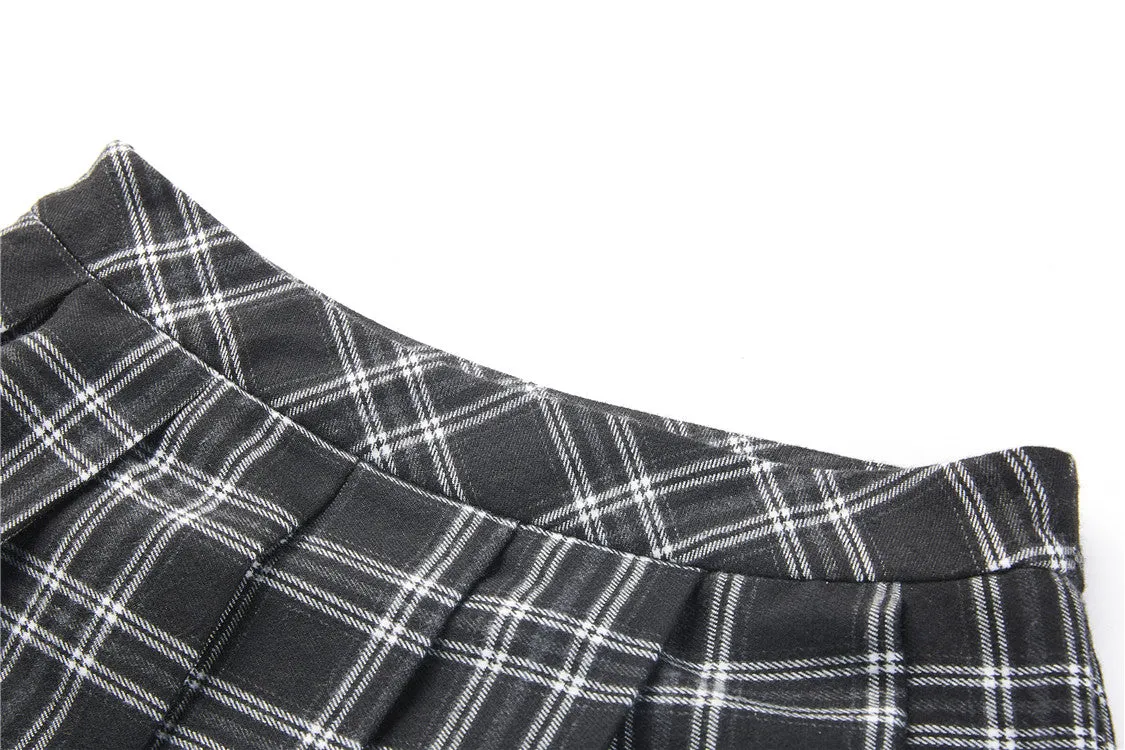 Punk pleated grid irregular hem skirt KW135BK