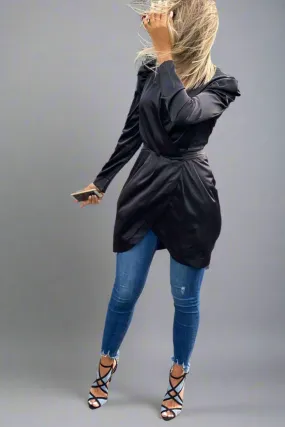 RAINA BLACK SATIN LONG SLEEVE WRAP DRESS