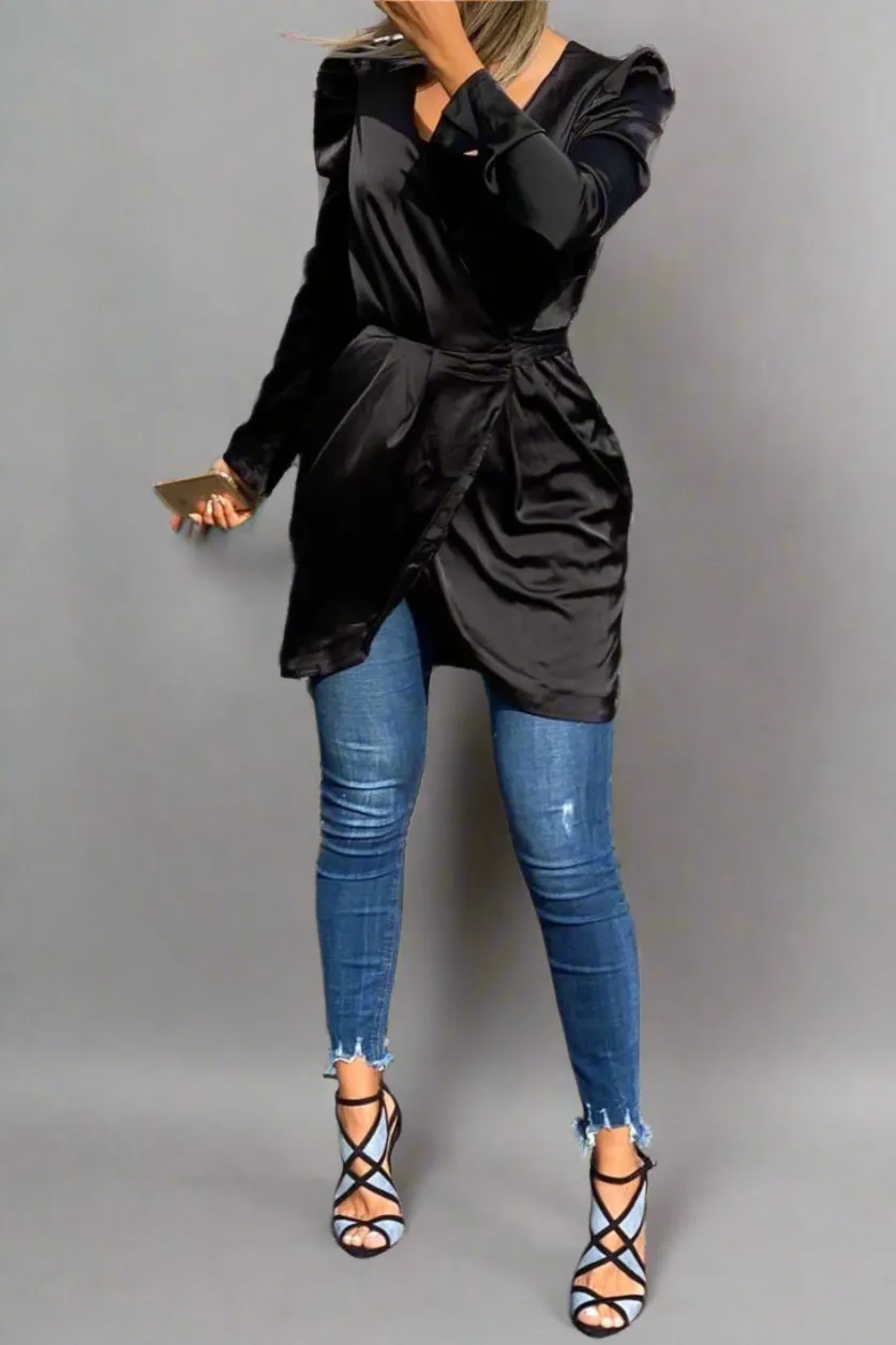 RAINA BLACK SATIN LONG SLEEVE WRAP DRESS